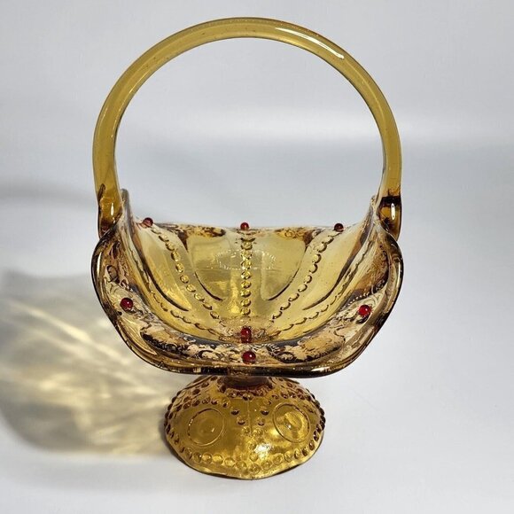 Depression Yellow Glass Circle Dot Design Red Jewels Gold Gilting Mid Century - Picture 11 of 12